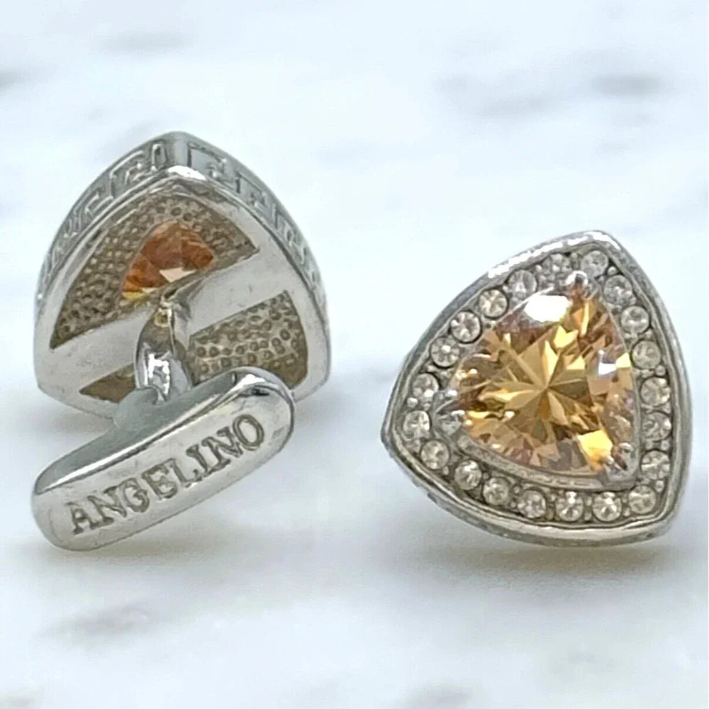 Angelino Silver Tone Orange Rhinestone Meander Border Greek Motif Cufflinks